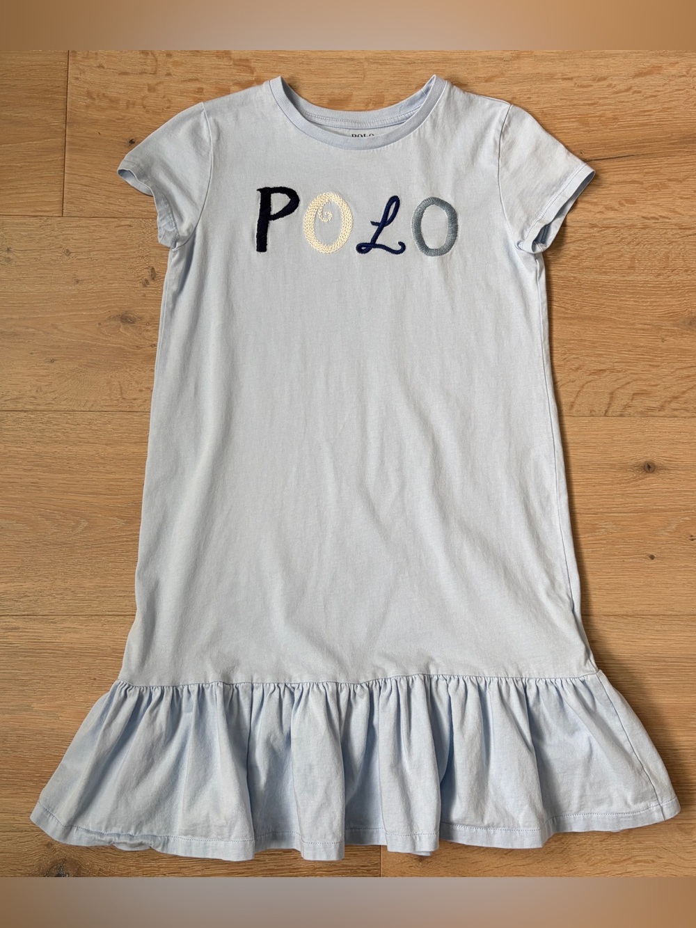 Polo Ralph Lauren Girls XL 16 Blue T-Shirt Dress Embroidered Logo Ruffle Hem*H6